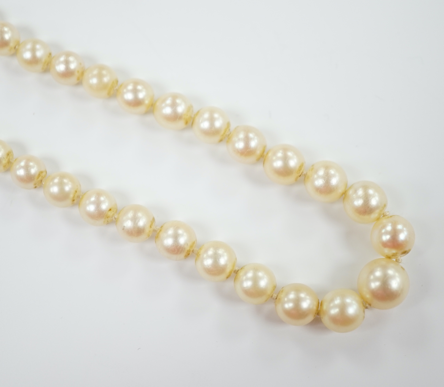 A single strand graduated cultured pearl necklace, with cultured pearl set yellow metal clasp, 42cm.